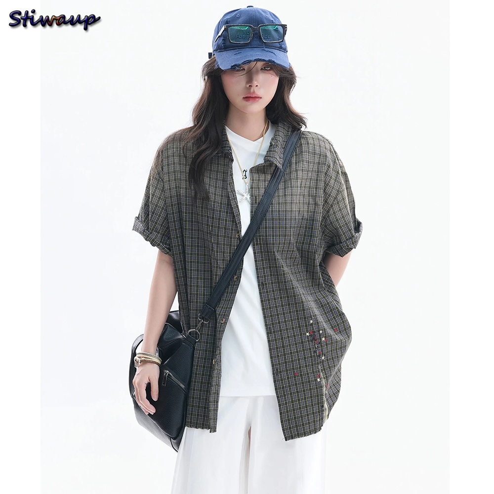 Embroidery Gradient - Women's Blouses and Shirts Vintage Check