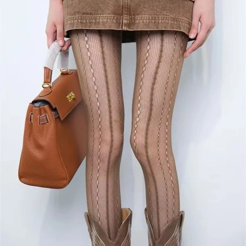 Embroidery On Socks - Retro Brown Lace Hollow Mesh Fishing