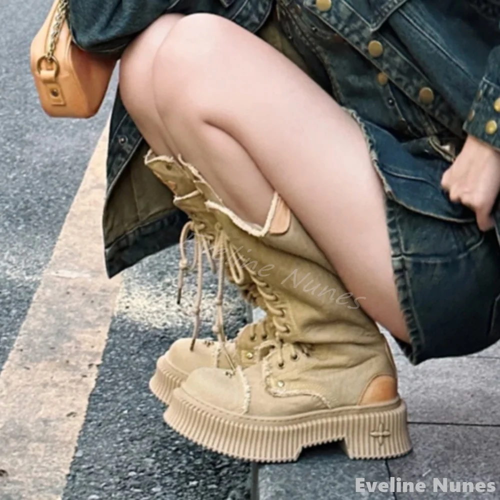 Cross-embroidery Lace-up Knee- - Embroidery Canvas ulasan dan harga