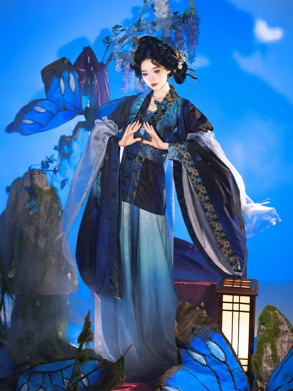 Women Song Dynasty Hanfu Blue  - Embroidery Gradient ulasan dan harga