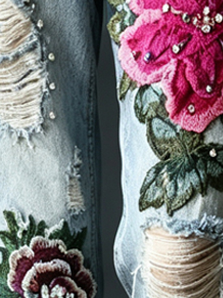 Women's Vintage Distressed Jea - Embroidery Effect ulasan dan harga