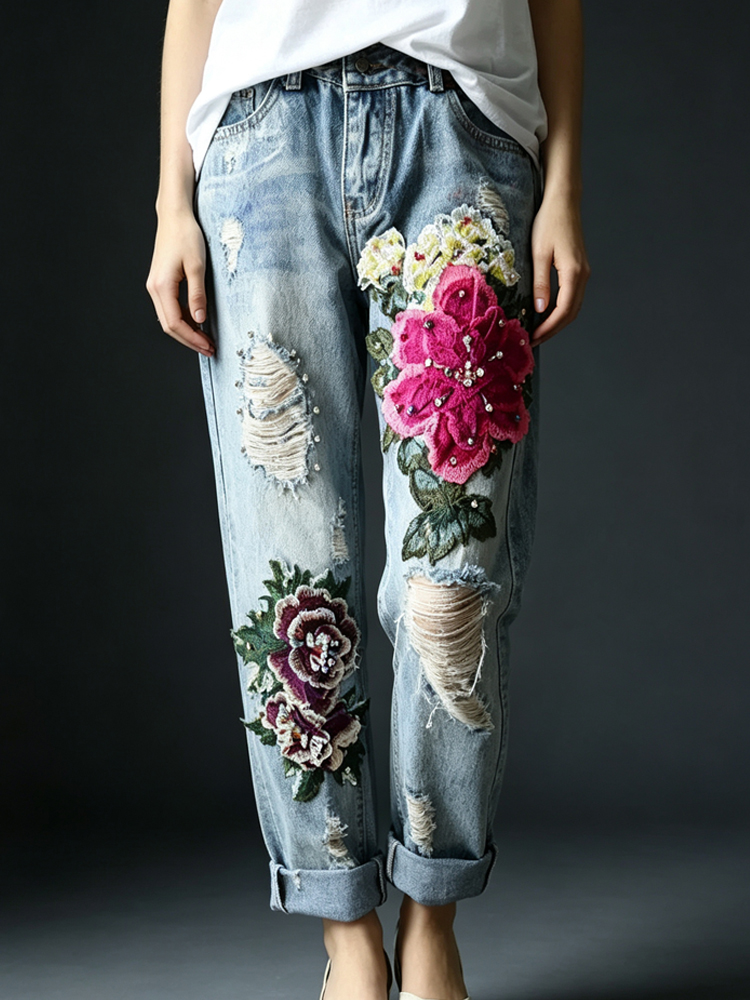 Women's Vintage Distressed Jea - Embroidery Effect ulasan dan harga