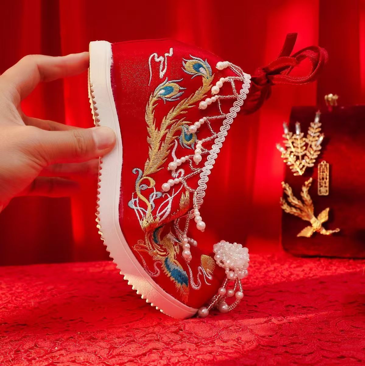 Women New Red Embroidered Wedd - Embroidery Canvas ulasan dan harga