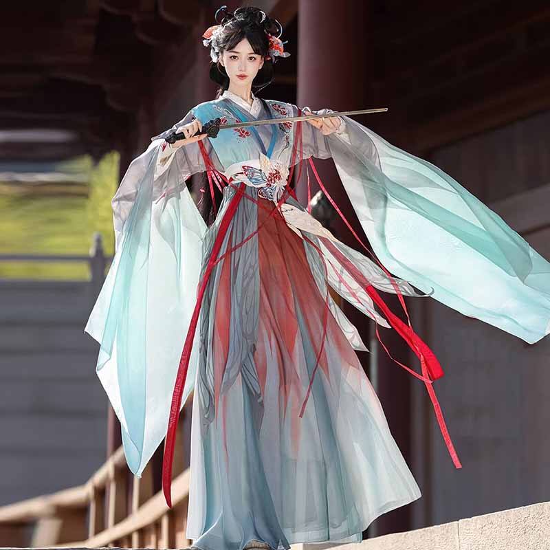 Women Cyan Red Gradient Wuxia  - Embroidery Gradient ulasan dan harga