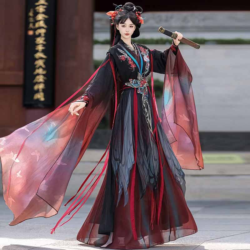 Women Cyan Red Gradient Wuxia  - Embroidery Gradient ulasan dan harga