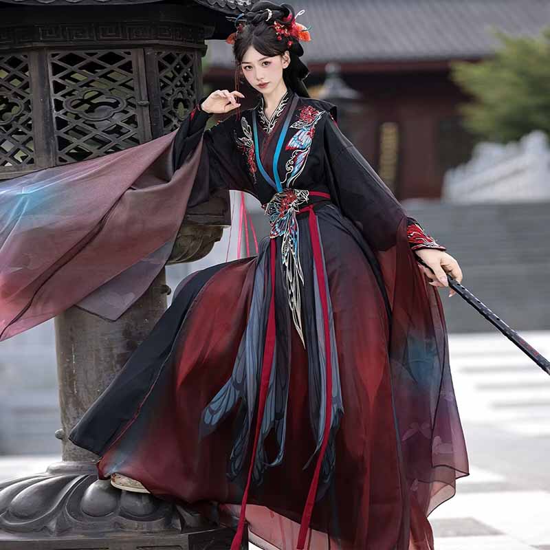 Women Cyan Red Gradient Wuxia  - Embroidery Gradient ulasan dan harga